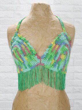 HAND CRAFTED Crop Top Crochet Bikini Green Variegated Chainette Fringe Various